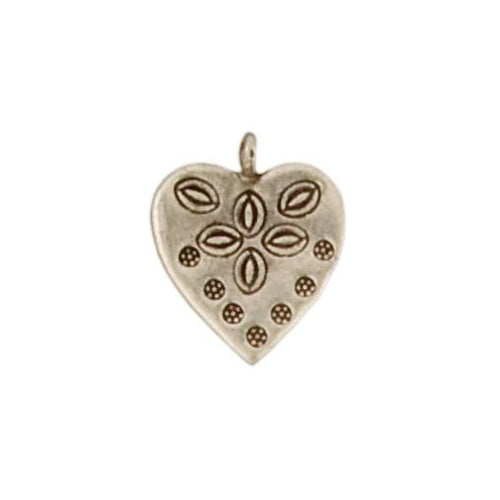 Fine Silver, Hill Tribe, 16.4mm Width by 1.3mm Length by 19.9mm Height, Stamped Heart Charm. Quantity Per Pack: 5 Pieces.