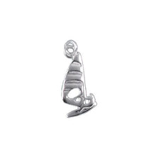 Load image into Gallery viewer, Sterling Silver, 8.5mm Width by 1.0mm Length by 17.8mm Height, Surfer on Surfboard with Sail Charm. Quantity Per Pack: 4 Pieces.