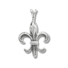 Load image into Gallery viewer, Sterling Silver Oxidized, 18.7mm Width by 3.0mm Length by 28.8mm Height, Fleur-De-Lis Pendant. Quantity Per Pack: 1 Piece.