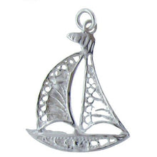 Load image into Gallery viewer, Sterling Silver, 17.6mm Width by 1.6mm Length by 23.9mm Height, Filigree Sailboat Charm. Quantity Per Pack: 2 Pieces.