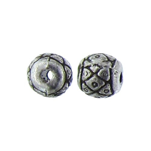Pewter Oxidized, 5.4mm Width by 5.3mm Length by 5.3mm Height, Stamped Round Bali Bead. Quantity per pack: 64 Pieces.