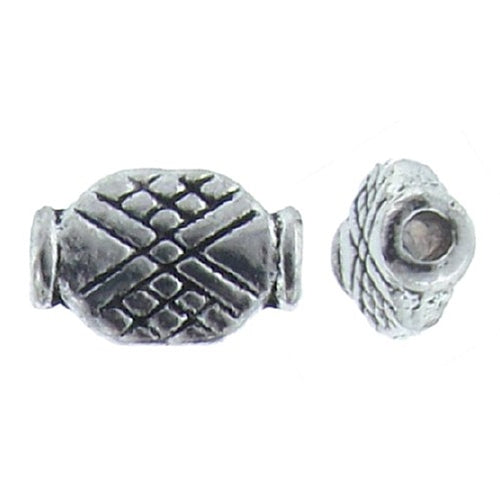 Pewter Oxidized, 7.5mm Width by 4.1mm Length by 11.5mm Height, Flat Stamped Oval Bali Bead. Quantity per pack: 40 Pieces.