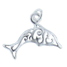 Load image into Gallery viewer, Sterling Silver, 22.6mm Width by 2.3mm Length by 15.8mm Height, Filigree Dolphin Charm. Quantity Per Pack: 2 Pieces.