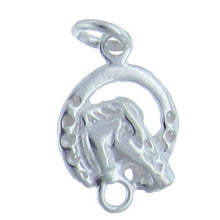 Load image into Gallery viewer, Sterling Silver, 10.4mm Width by 1.8mm Length by 15.5mm Height, Horse in Horseshoe Charm. Quantity Per Pack: 4 Pieces.