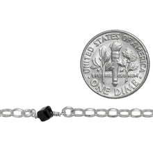 Load image into Gallery viewer, Sterling Silver 2.5mm Width by 3.5mm Length Oval Rolo Chain With Lime Green, Orange and Black CZ Cube Beads. Price per: 1 Inch.