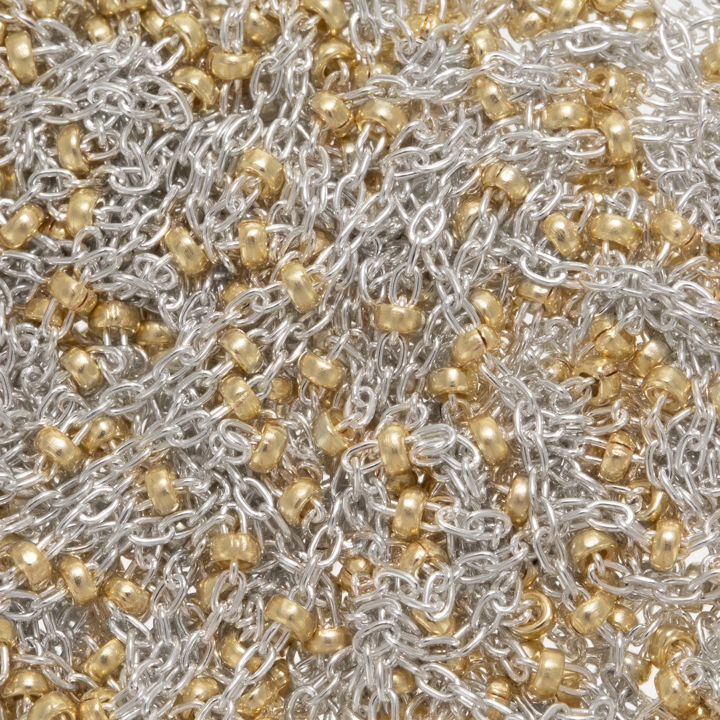 Sterling Silver 2 Tone, 1.1mm Width by 1.8mm Length Cable Chain With 1.8mm 14Kt Gold Filled Roundel Beads, Satellite Chain. Price per: 1 Foot.