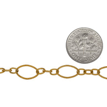 Load image into Gallery viewer, 14kt Gold Filled One of 7.1mm Width by 10.8mm Length, Longer Corrugated Oval Link Connected to Three of 3.57mm Width by 4.67mm Length, Smaller Oval Links with Middle Smaller Oval Link being Corrugated, Long and Short Chain. Price Per: 1 Foot.