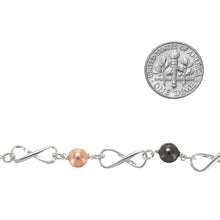 Load image into Gallery viewer, Sterling Silver 6.0mm Width by 14.8mm Length, Figure 8 Chain With Alternating Wire Wrapped 6.0mm Peach and Grey Swarovski Pearls connected to the Figure 8 Link With a 4.0mm Open ring, Figure 8 Chain. Price per: 1 Inch.