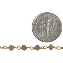 Load image into Gallery viewer, Brass Gold Plated 3.35mm Width by 2.42mm Length Natural Hand Cut Labradorite Stone, Gem Stone Chain. Price per: 1 Inch.