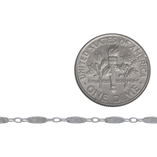 Sterling Silver 1.8mm Width by 5.0mm Length, Dapped Bar Link Connected to 1.3mm Width by 1.5mm Length Three Smaller Oval Links, Long and Short Chain / Bar Chain. Price per: 1 Foot.