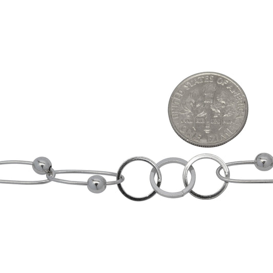 Sterling Silver Rhodium Plated Two 6.5mm by 17.0mm Paper Clip Links With 4.0mm Bead Connected to Three 10.0mm Circle Links, Fancy Chain. Price per: 1 Foot.