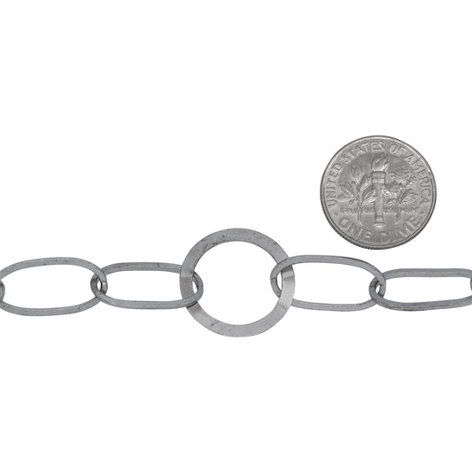 Sterling Silver Rhodium Plated Three of 8.2mm by 17.0mm Square Wire Elongated Oval Links Connected to 17.4mm Flat Circle Link, Fancy Chain. Price per: 1 Foot.