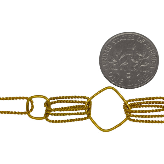 14kt Gold Filled 6.0mm Width by 13.3mm Length Twisted Rectangulars, 8.6mm Width / Length Diamond Shaped Links, Two pairs of Tripple 6.0mm width by 13.7mm Length Twisted Rectangulars, 14.6mm Width / Length Diamond Link, Fancy Chain. Price per: 1 Foot.