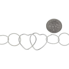 Load image into Gallery viewer, Sterling Silver of 19.6mm Width by 28.5mm Length Smooth Double Heart Link connected to Ten of 13.0mm Width / Length Twisted Circle Links, Heart Chain, Fancy Chain. Price per: 1 Foot.