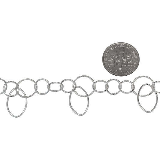 Sterling Silver Three of 7.9mm Width / Length Smooth Circle Links followed by 10.5mm Width / Length Textured Circle Link With 9.5mm Width by 15.0mm Length Smooth Oval Link Hanging off , Fancy Chain. Price per: 1 Foot.