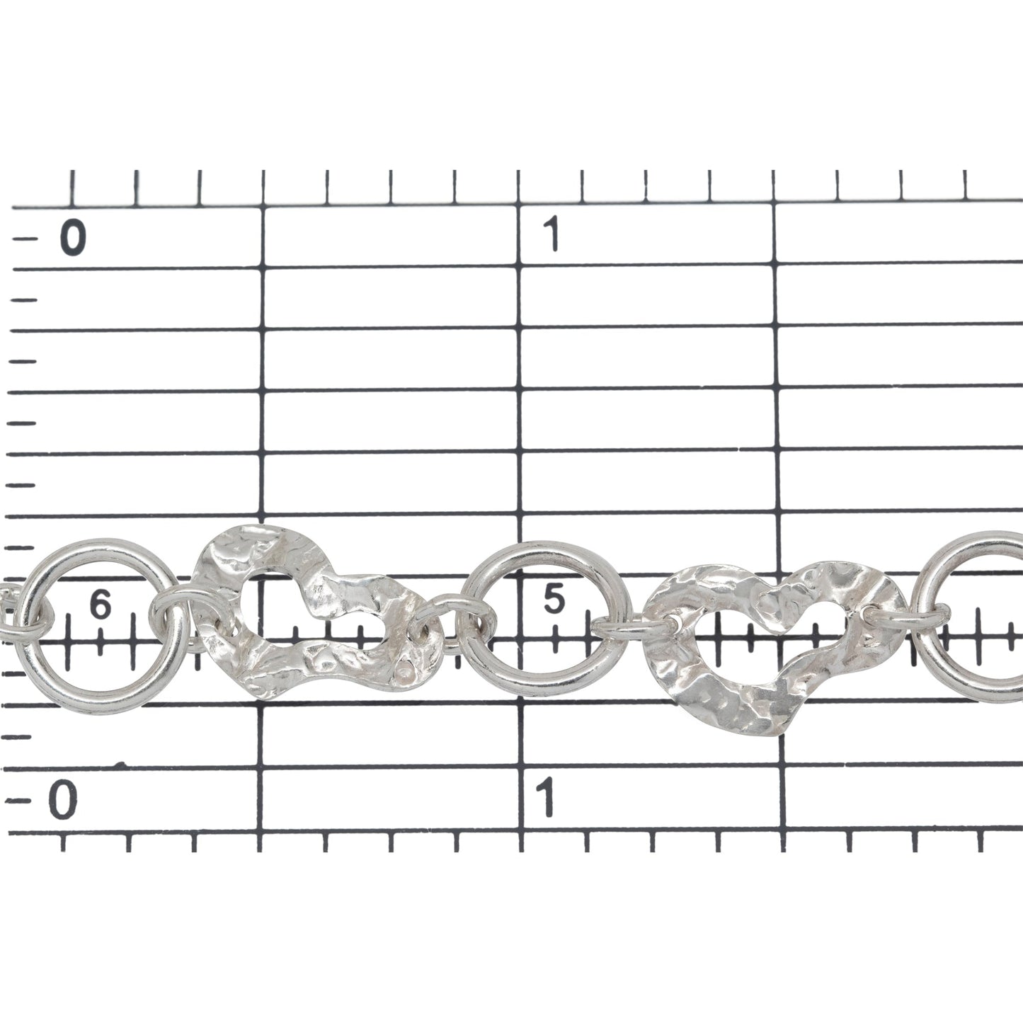 Sterling Silver 8.5mm Width by 13.0mm Length Hammered Heart Link And 8.6mm Width / Length Smooth Circle Link Connected By 4.3mm Width / Length Smooth Open Ring, Fancy Chain. Price per: 1 Foot.