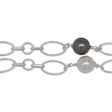Load image into Gallery viewer, Chain by Foot. Sterling Silver 7.2mm Width by 12.2mm Length Oval Link Followed by Two of 3.0mm Width by 6.0mm Length Rolo Links With 6.0mm Circle Link In The Middle, Connected by 8.0mm White and Gray Swarovski Pearls, Gem Stone Chain. Price per: 1 Inch.