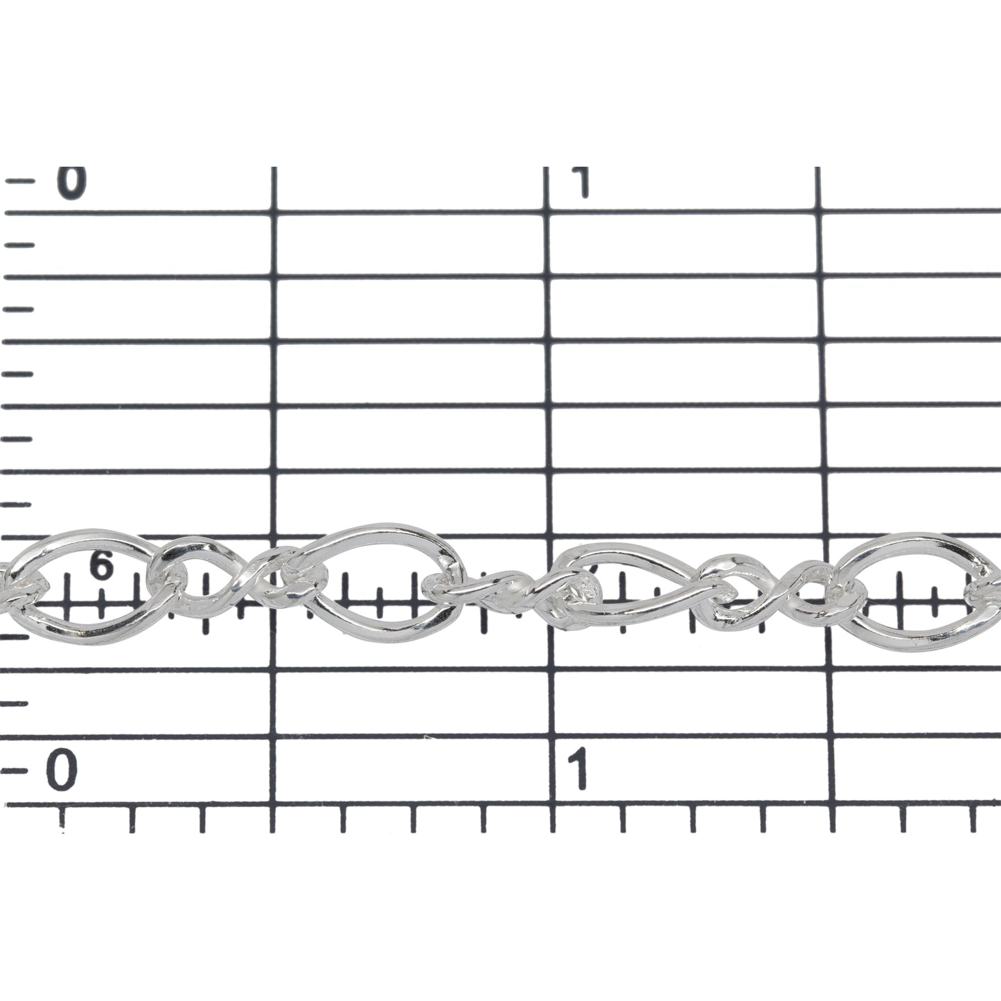 Sterling Silver 5.5mm Width by 8.2mm Length Flat Oval Curb Link connected to 3.8mm Width by 8.0mm Length Figure 8 Link, Figure 8 Chain. Price per: 1 Foot.
