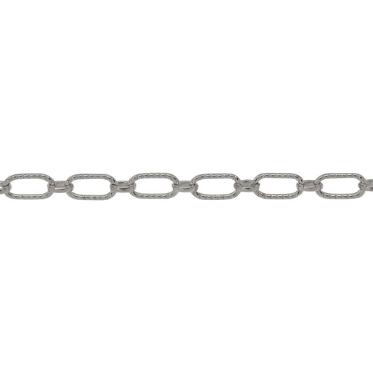 Sterling Silver One of 3.2mm Width by 6.3mm Length Corrugated Elongated Oval Link Followed by One of 2.6mm Width by 3.1mm Length Smaller Smooth Oval Link, Long and Short Chain. Price per: 1 Foot.