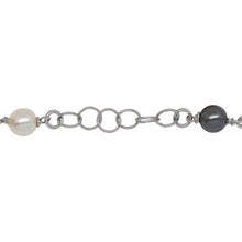 Load image into Gallery viewer, Sterling Silver Rhodium Plated Two of 4.12mm Width / Length Smooth Circle Connected with Two of 6.02mm Width / Length Swarovski Pearls, followed by Six of 5.34mm Width / Length Smooth Circle Links of Circle Chain. Price per: 1 Inch.