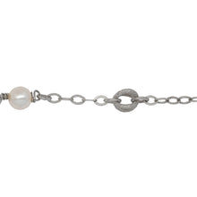 Load image into Gallery viewer, Chain by Foot. Sterling Silver Rhodium Plated Ten of 2.8mm by 4.0mm Flat Diamond Shaped Links and 6.9mm Textured Cage Bead in the Center, With 6.0mm White & Gray Swarovski Pearls Wire Wrapped, Connected to 4.6mm Smooth Open Ring, Gem Stone Chain. Price per: 1 Inch.