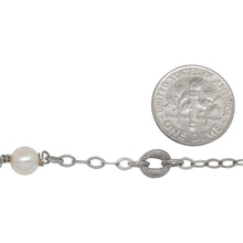 Load image into Gallery viewer, Sterling Silver Rhodium Plated Ten of 2.8mm by 4.0mm Flat Diamond Shaped Links and 6.9mm Textured Cage Bead in the Center, With 6.0mm White & Gray Swarovski Pearls Wire Wrapped, Connected to 4.6mm Smooth Open Ring, Gem Stone Chain. Price per: 1 Inch.