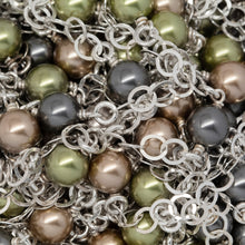 Load image into Gallery viewer, Sterling Silver Eight of 3.77mm Width / Length Flat Circle Links, followed by Two of 3.26mm Width / Length Smooth Circle Links Connected with Three of 6.02mm Width / Length Swarovski Pearls, Gem Stone Chain. Price per: 1 Inch.