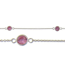 Load image into Gallery viewer, Sterling Silver 1.25mm Width by 1.45mm Length Smooth Cable Chain With 5.15mm Width / Length Pink CZ Round Bezel Set Connected by 2.7mm Width / length Smooth Circle On Each Side, Every 2 Inches, Bezel Set Chain. Price per: 1 Inch.