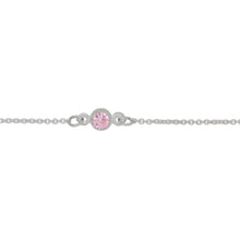 Load image into Gallery viewer, Chain by Foot. Sterling Silver 1.25mm Width by 1.45mm Length Smooth Cable Chain With 4.8mm Width / Length Pink Round CZ Bezel Set Connected by 3.6mm Width / length Smooth Circle On Each Side, Every 2 Inches, Bezel Set Chain. Price per: 1 Inch.