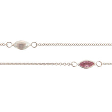 Load image into Gallery viewer, Sterling Silver 4.15mm by 8.76mm Pink CZ Oval Bezel Set Link Connected by 2.72mm Smooth Circles on Each Side of Bezel Set, followed by 1.33mm by 1.5 Smooth Cable Chain Every 2 Inches, Bezel Set Chain. Price per: 1 Inch.
