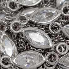 Load image into Gallery viewer, Sterling Silver Rhodium Plated 4.15mm by 8.76mm White CZ Oval Bezel Set Link Connected by 2.72mm Smooth Circles on Each Side of Bezel Set, followed by 1.33mm by 1.5 Smooth Cable Chain Every 2 Inches, Bezel Set Chain. Price per: 1 Inch.