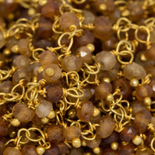 Load image into Gallery viewer, Brass Gold Plated 3.26mm Width by 3.03mm Length Natural Hand Cut Hessonite Stone, With Two of 3.04mm Width by 2.25mm Length Hessonite Stone Hanging off the Chain, Gem Stone Chain. Price per: 1 Inch.