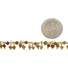 Load image into Gallery viewer, Brass Gold Plated 3.26mm Width by 3.03mm Length Natural Hand Cut Hessonite Stone, With Two of 3.04mm Width by 2.25mm Length Hessonite Stone Hanging off the Chain, Gem Stone Chain. Price per: 1 Inch.