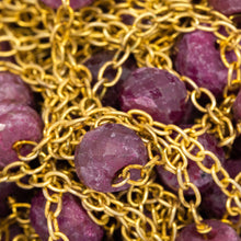 Load image into Gallery viewer, Sterling Silver Gold Plated 1.85mm Width by 2.65mm Length Smooth Cable Chain, Followed by 6.6mm Width by 4.72mm Length Natural Hand Cut Ruby (Dyed) Gem Stone Every 2 Inches, Gem Stone Chain. Price per: 1 Inch.