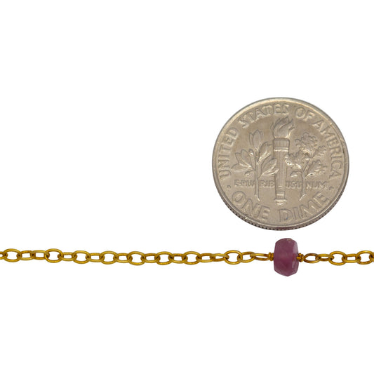 Sterling Silver Gold Plated 1.86mm Width by 2.62mm Length Smooth Cable Chain, Followed by 4.95mm Width by 3.35mm Length Natural Hand Cut Watermelon Tourmaline Gem Stone Every 2 Inches, Gem Stone Chain. Price per: 1 Inch.