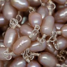 Load image into Gallery viewer, Brass Silver Plated 4.15mm Width by 6.61mm Length Pink Rice Pearl Chain. Price per: 1 Inch.
