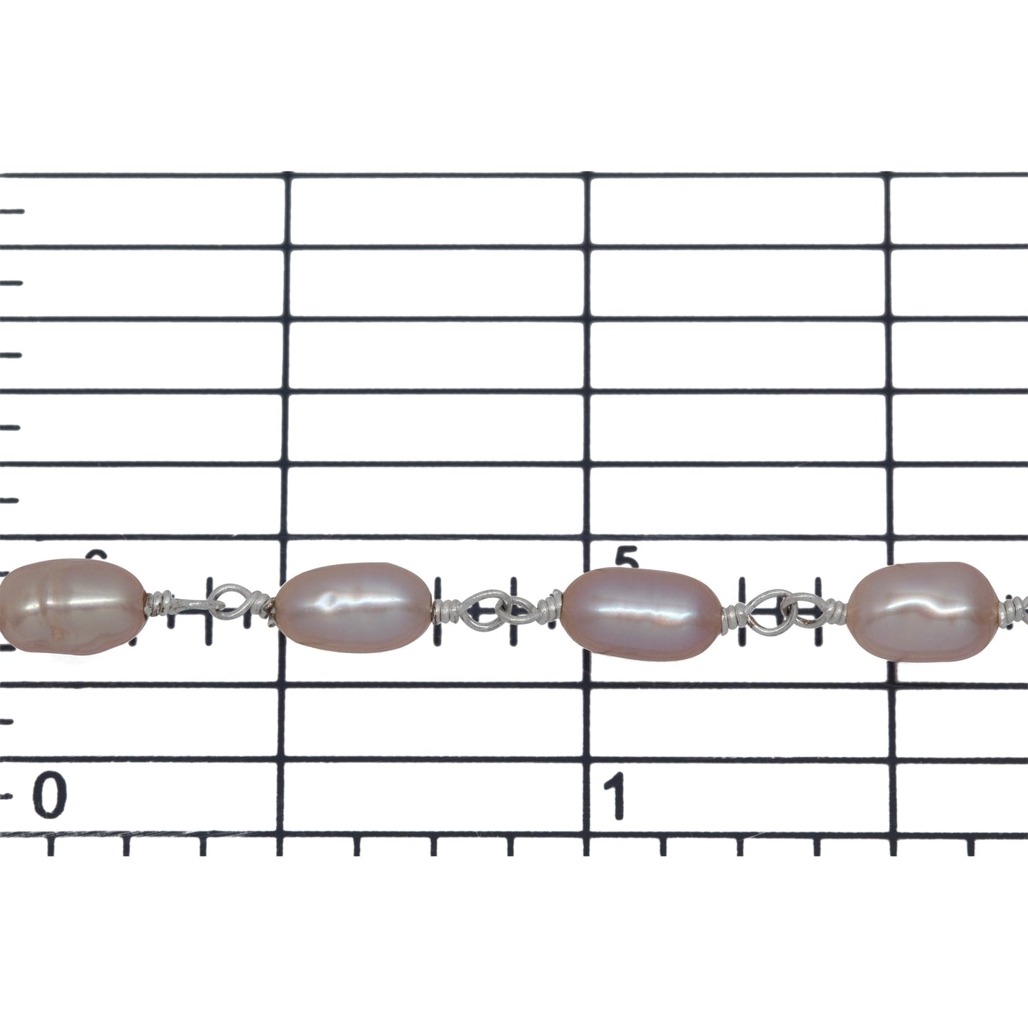 Brass Silver Plated 4.15mm Width by 6.61mm Length Pink Rice Pearl Chain. Price per: 1 Inch.