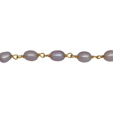 Load image into Gallery viewer, Chain by Foot. Brass Gold Plated 4.15mm Width by 5.60mm Length Pink Rice Pearl Chain. Price per: 1 Inch.