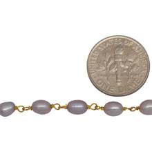 Load image into Gallery viewer, Brass Gold Plated 4.15mm Width by 5.60mm Length Pink Rice Pearl Chain. Price per: 1 Inch.