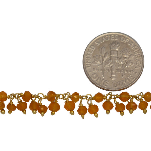 Brass Gold Plated 3.10mm Width by 2.60mm Length Hand Cut Carnelian Gem Stone, With Two of 3.10mm Width by 2.60mm Length Carnelian Stones Hanging off the Chain, Carnelian Gem Stone Chain. Price per: 1 Inch.