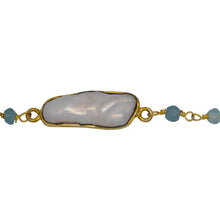 Load image into Gallery viewer, Chain by Foot. Brass Gold Plated 3.50mm Width by 2.60mm Length Hand Cut Aquamarine Gem Stone, Followed by 7.40mm Width by 17.10mm Length approximately Biwa Pearl Bezel Set, Gem Stone Chain. Price per: 1 Inch.