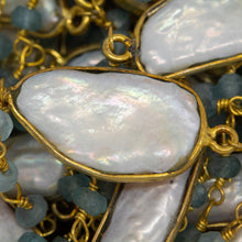 Load image into Gallery viewer, Brass Gold Plated 3.50mm Width by 2.60mm Length Hand Cut Aquamarine Gem Stone, Followed by 7.40mm Width by 17.10mm Length approximately Biwa Pearl Bezel Set, Gem Stone Chain. Price per: 1 Inch.