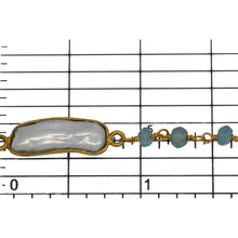 Load image into Gallery viewer, Brass Gold Plated 3.50mm Width by 2.60mm Length Hand Cut Aquamarine Gem Stone, Followed by 7.40mm Width by 17.10mm Length approximately Biwa Pearl Bezel Set, Gem Stone Chain. Price per: 1 Inch.