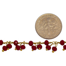 Load image into Gallery viewer, Brass Gold Plated 3.50mm Width by 2.85mm Length Natural Hand Cut Coral Gem Stone, With Two of 3.50mm Width by 2.85mm Length Coral Stones Hanging off the Chain, Gem Stone Chain. Price per: 1 Inch.