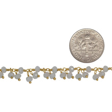 Load image into Gallery viewer, Brass Gold Plated 3.50mm Width by 2.85mm Length Natural Hand Cut Rainbow Moon Stone, With Two of 3.50mm Width by 2.85mm Length Rainbow Moon Stones Hanging off the Chain, Gem Stone Chain. Price per: 1 Inch.