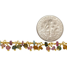 Load image into Gallery viewer, Brass Gold Plated 3.65mm Width by 2.25mm Length Natural Hand Cut Watermelon Tourmaline Stone, With Two of 3.65mm Width by 2.25mm Length Watermelon Tourmaline Stone Hanging off the Chain, Gem Stone Chain. Price per: 1 Inch.