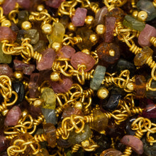 Load image into Gallery viewer, Brass Gold Plated 3.65mm Width by 2.25mm Length Natural Hand Cut Watermelon Tourmaline Stone, With Two of 3.65mm Width by 2.25mm Length Watermelon Tourmaline Stone Hanging off the Chain, Gem Stone Chain. Price per: 1 Inch.