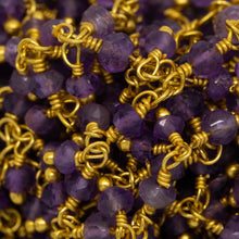 Load image into Gallery viewer, Brass Gold Plated 3.25mm Width by 2.45mm Length Natural Hand Cut Amethyst Stone, With Two of 2.65mm Width by 2.45mm Length Amethyst Stone Hanging off the Chain, Gem Stone Chain. Price per: 1 Inch.