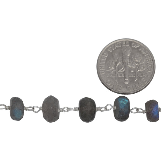 Brass Silver Plated 7.50mm Width by 4.55mm Length Natural Hand Cut Labradorite Stone, Gem Stone Chain. Price per: 1 Inch.