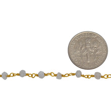 Load image into Gallery viewer, Brass Gold Plated 3.65mm Width by 2.85mm Length Natural Hand Cut Rainbow Moon Stone Stone, Gem Stone Chain. Price per: 1 Inch.